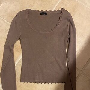 Scalloped Edge Brown Long Sleeve Top